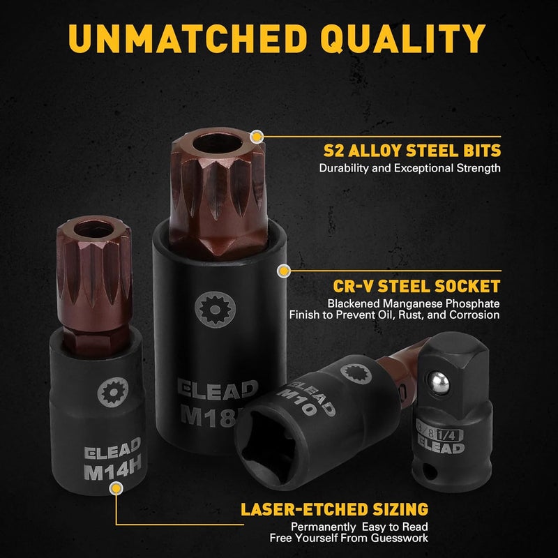 ELEAD 13-Piece XZN Triple Square Spline Bit Impact Socket Set - Premium S2 Steel European Style M4 - M18 with Socket Adapters, 1/4”, 3/8” and 1/2” Drive | Professional Mechanic Garage Tools - Image 5